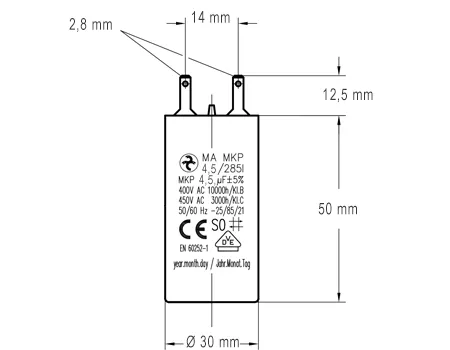 Côtes et dimensions du condensateur de 4.5uF